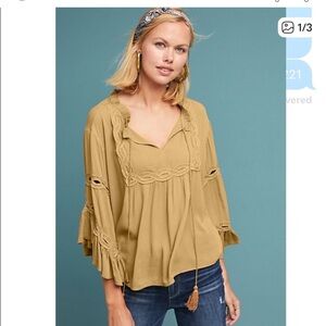 Anthropologie NIB Blue Tassel Medium Women's Gold Blouse with Lace Bell Sleeves